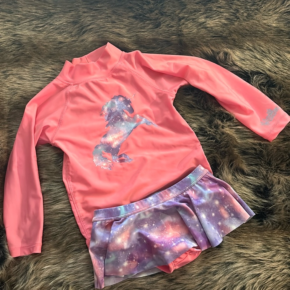UVskinz girls 2 piece long sleeve swim shirt galaxy unicorn with skirt bikini